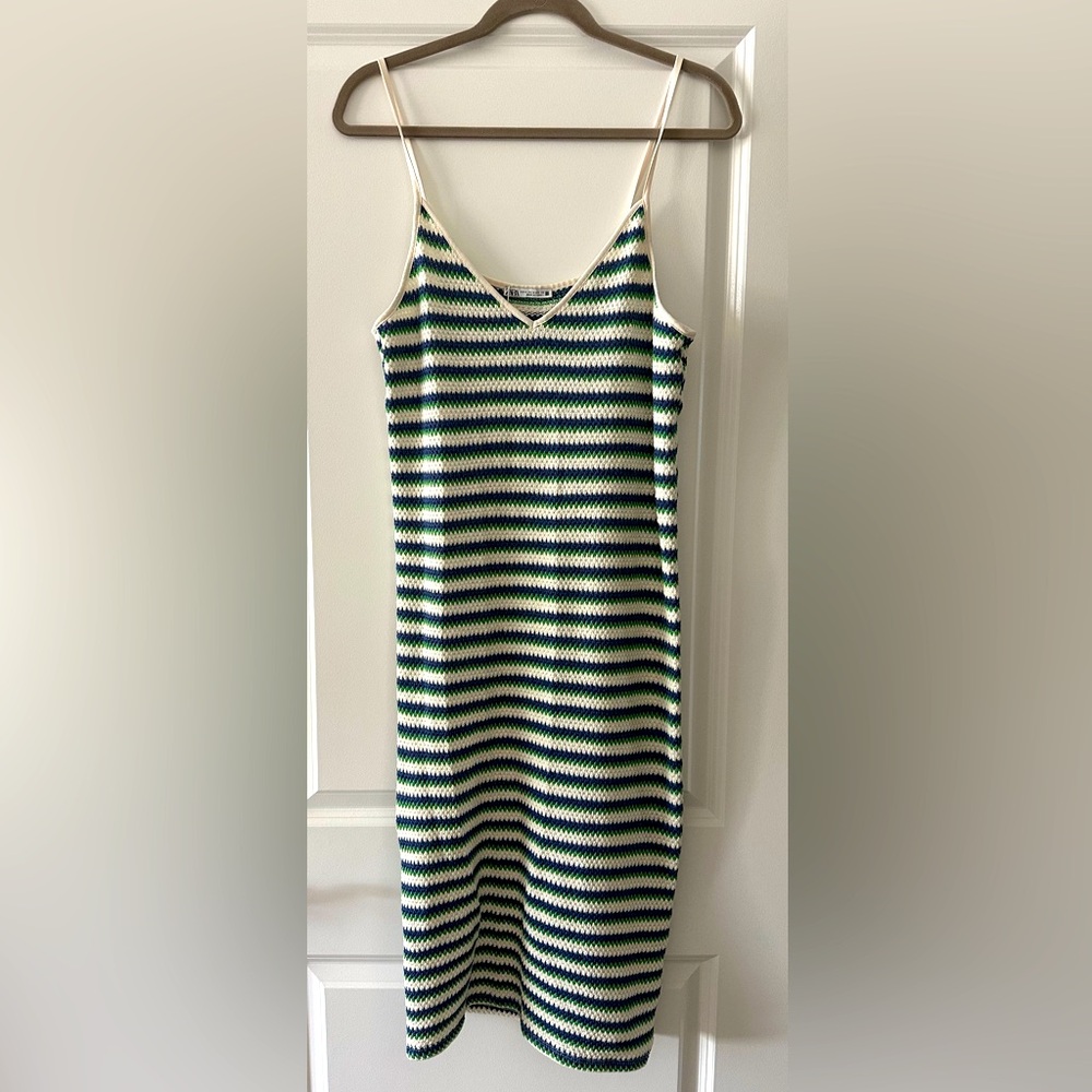 Zara Blue and Green Striped Midi Dress - Picture 2 of 4